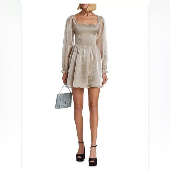 WAYF PEWTER Nevon smocked body puff sleeve dress new Small - Picture 1 of 7